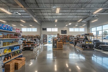 Wall Mural - A well-organized auto parts store filled with a wide variety of items under natural light streaming in