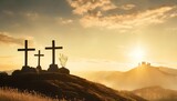 Fototapeta  - christian easter scene he is risen mount calvary and three silhouettes of crosses at sunrise banner for easter