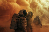 Fototapeta Boho - Astronauts braving Martian storms and dust on the Red Planet.

