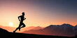 Silhouette of a man running in the mountains at sunset. Healthy lifestyle concept, poster, banner, copy space.