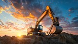Fototapeta  - Big excavator working at a construction site at sunset created with Generative AI