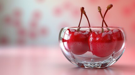 Wall Mural - three cherries are in a glass bowl with water on the rim of the bowl and the cherries on the rim of the bowl are sprinkled with water.