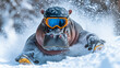 Winter Adventures of a Hippo. Hippopotamus Enjoying the Slopes