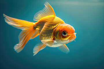 Poster - A purebred fish poses for a portrait in a studio with a solid color background during a pet photoshoot.

