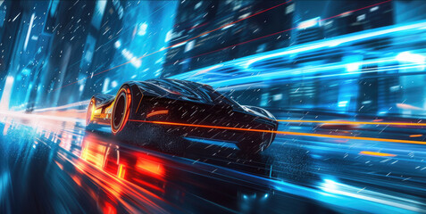 Futuristic racing car drives fast on highway in rain at night, shiny luxury auto runs on city road. Modern sports vehicle moves on street. Concept of speed, light, cyberpunk, future