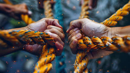 Wall Mural - Team rope diverse strength connect partnership together teamwork unity communicate support. Strong diverse network rope team concept integrate braid color background cooperation empower power