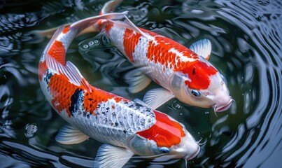 Wall Mural - Close-up of a pair of koi fish swimming in a pond