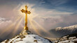 Golden cross on a mountain. Holy cross symbolizing the death and resurrection of Jesus Christ with The sky. mountain, photography, religion, christianity, color image, outdoors, travel, gold colored