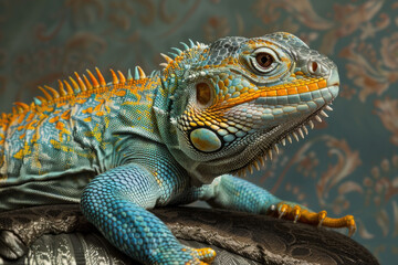 Poster - A purebred lizard poses for a portrait in a studio with a solid color background during a pet photoshoot.

