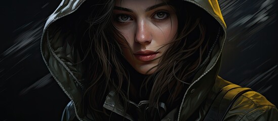 Wall Mural - A mysterious woman with lush eyelashes and a hooded jacket gazes confidently at the camera in a dark, fictional characterinspired portrait photography piece