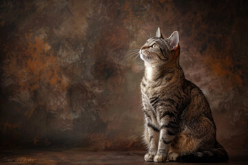 Wall Mural - A pedigreed cat poses for a portrait in a studio with a solid color background during a pet photoshoot.

