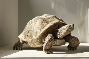 Poster - A purebred turtle poses for a portrait in a studio with a solid color background during a pet photoshoot.

