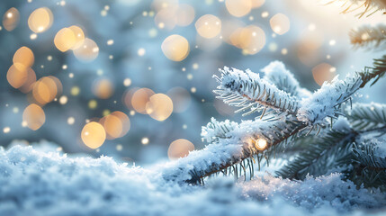 Sticker - Beautiful winter background image of frosted spruce branches and small drifts of pure snow with bokeh Christmas lights and space for text. Generative Ai