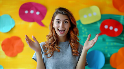 Wall Mural - colorful happiness expression of young woman with colorful message bubbles on a yellow background.