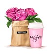 Beautiful roses and paper coffee cup. Morning coffee concept. Pink flowers and coffee.