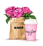 Fototapeta Miasta - Beautiful roses and paper coffee cup. Morning coffee concept. Pink flowers and coffee.
