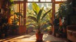Indoor potted plant in warm sunlight with a collection of plants in a sunny room