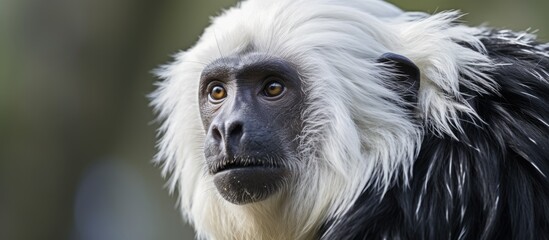 Close up of a primate with distinct features including a white color face and dark hair markings, giving it a unique appearance