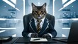 © KatBaid - Cat in office, business manager boss in suit, anthropomorphic animal as businessman
