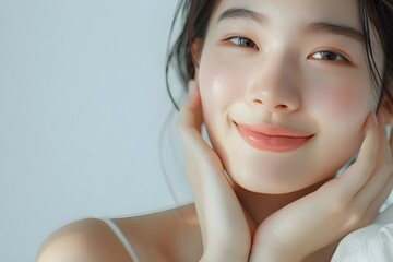 beauty portrait of young asian woman smiling naturally and with perfect skin with rosy cheeks and wh