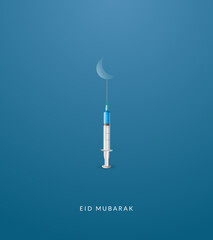 Canvas Print - Eid Mubarak creative concept. Syringe and mosque with Eid moon, Background for Medical or Hospital shop for Ramadan and Eid celebration poster, Eid Mubarak creative design for social media post.