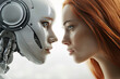 A robot and a woman are facing each other. The robot has a metallic face and the woman has red hair.
