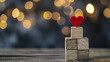 Heart symbol on wooden blocks on valentine blur bokeh background. Generative Ai