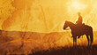 silhouette horse and cowboy sunset, overlay map: freedom, solitude, wild west, lone Rider.