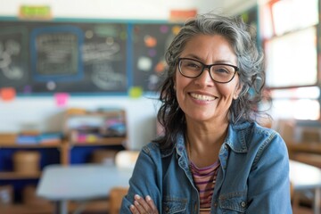 Portrait of a middle aged female teacher in classroom