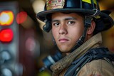 Fototapeta Do akwarium - Portrait of a young male firefighter at station