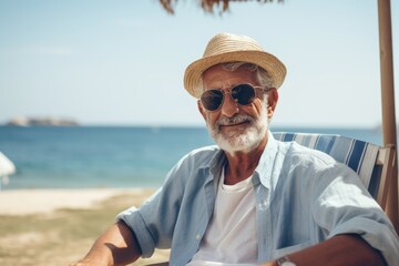 Wall Mural - An elderly man enjoys a peaceful day sitting in a chair on the seashore. Generative AI.