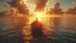 A man is in a boat on a lake at sunset. AI.