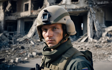 Wall Mural - Portrait of a russian soldier in front of bombed city in east Europe