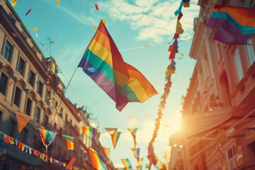 The gay pride flag is flying high in the city center during an outdoor rainbow festival, with other colorful flags and people celebrating in the streets Generative AI