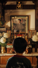 Wall Mural - Korean boy Looking at a photo of his deceased father with sadness.generative ai