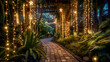 Twilight garden pathway with twinkling fairy lights and hanging garlands creating magical ambiance