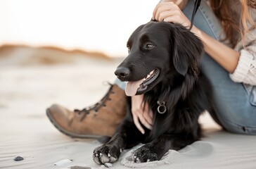 Wall Mural - a black dog laying on top of a sandy beach next to a person