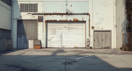 Poster - a white building with a large garage door and a tree in front of it on a street corner