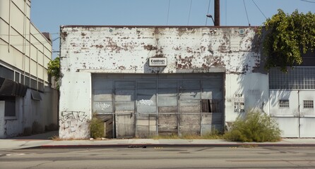 Sticker - a white building with a large garage door and a tree in front of it on a street corner