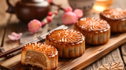 Wall Mural - A plate full of mooncakes with exquisite flora pattern