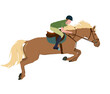 vector illustration of a jockey on a horse in a high jump. The theme of equestrian sports, training and animal husbandry. Isolated on a white background
