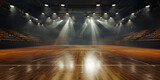 Fototapeta Fototapety sport - An empty basketball court is illuminated by spotlights, creating dramatic lighting effects. The scene depicts an empty basketball arena or stadium with spotlights, polished wood, and fan seats.