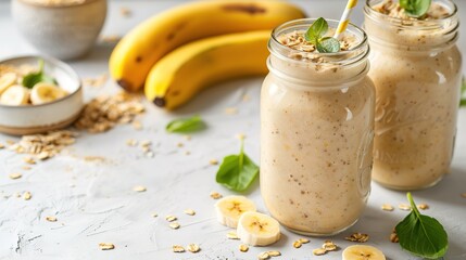 Vegan banana and oatmeal smoothie in glass jar on the light background. Healthy food