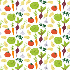 Wall Mural - Local farmer's market vegetables seamless pattern design. Packing and wrapping paper print. Traditional Russian soup ingredients drawing background. Borsch veggies hand drawn flat vector illustration