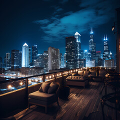 Canvas Print - A skyline view from a rooftop bar at night. 