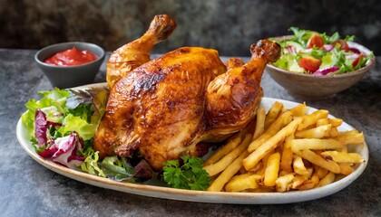Wall Mural - Grilled chicken with french fries and salad