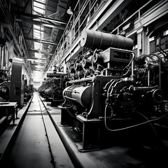 Poster - Industrial machinery in black and white.