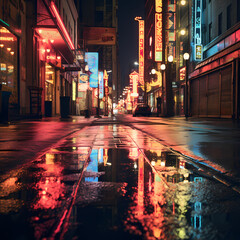 Wall Mural - Retro neon signs illuminating a rainy urban street