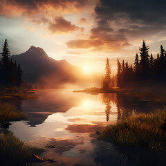 Poster - Tranquil sunrise over a misty mountain lake.