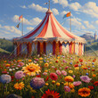 Whimsical circus tent in a field of wildflowers. 